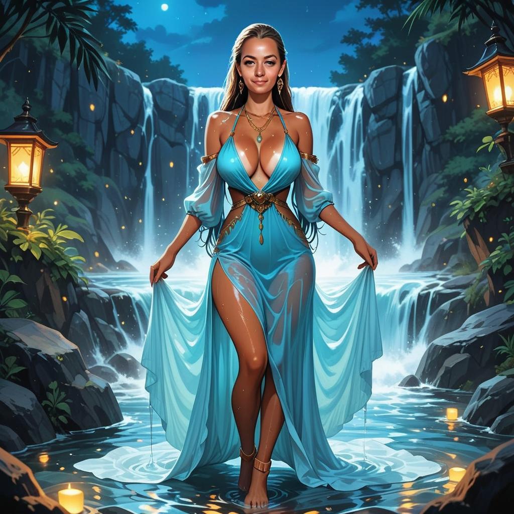 Fantasy Woman in Blue Flowing Dress by Waterfall at Night Digital Art