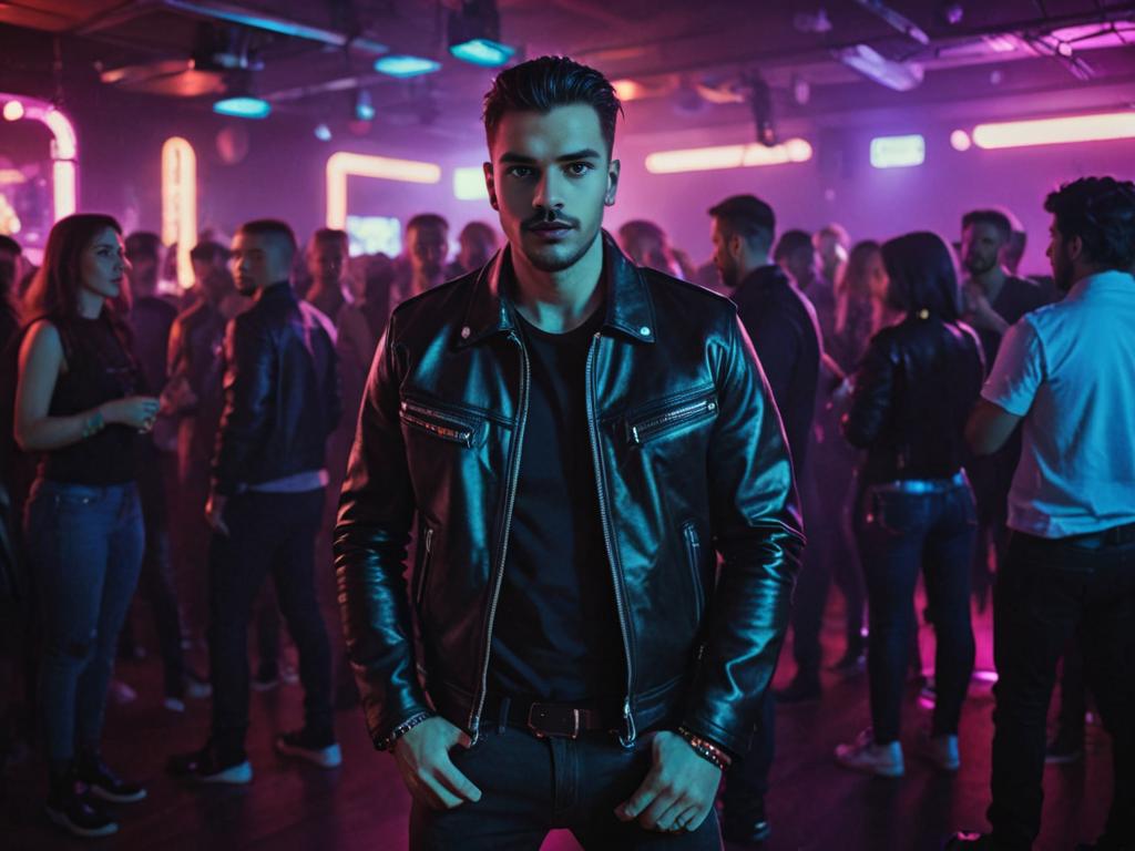 Stylish Man in Vibrant Nightclub with Neon Lighting