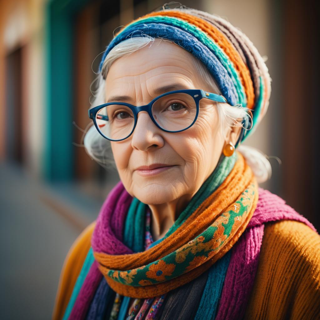 Stylish elderly woman in colorful headscarf and blue glasses