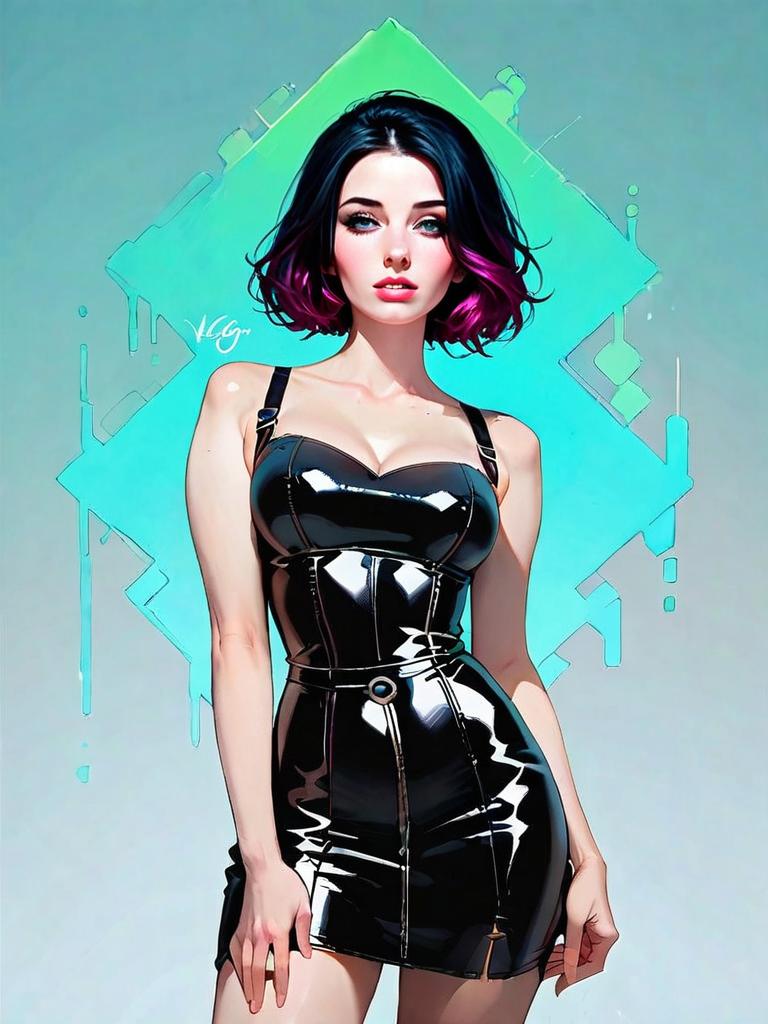 Realistic Digital Illustration of Woman in Black Leather Cold Shoulder Dress