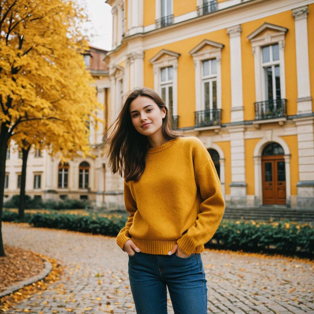 Young Woman in Mustard Sweater Posing in Autumn Urban Setting