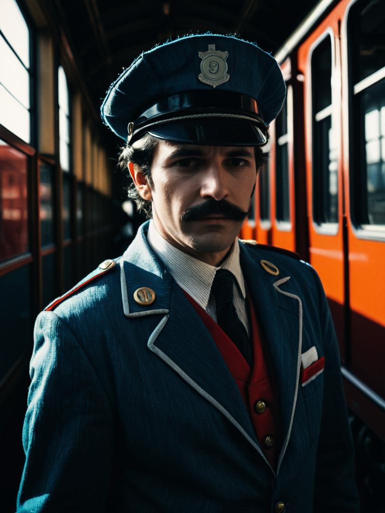 Man in Detailed Thomas Train Conductor Costume Cosplay Portrait