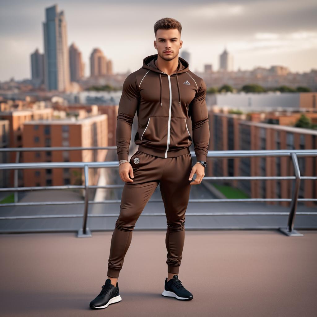 Stylish Young Man in Brown Tracksuit on Rooftop