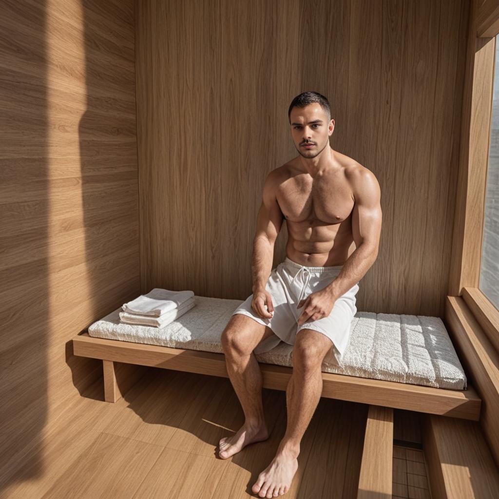 Fit Man in Minimalist Sauna