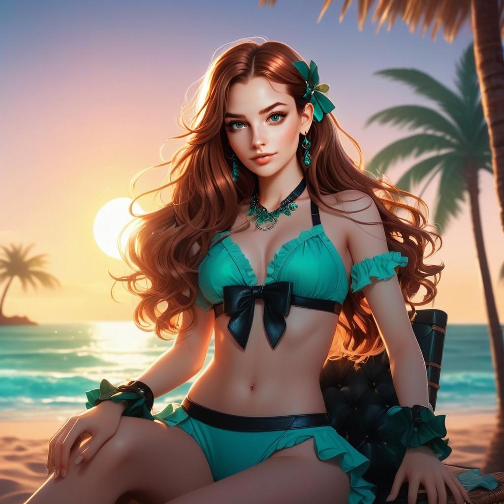 Young Woman at Sunset Beach in Teal Bikini