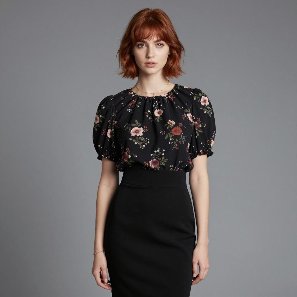 Modern Vintage Style Woman in Floral Blouse and Black Skirt