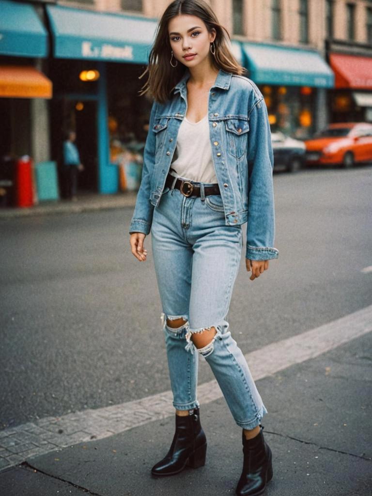 Chic Woman in Denim Jacket on City Street