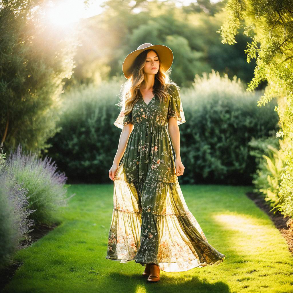 Woman in Olive-Green Dress in Sunlit Garden Woman in Olive-Green Dress in Sunlit Garden