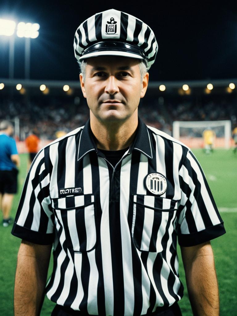Man in Referee Costume at Nighttime Sports Field Photorealistic Portrait
