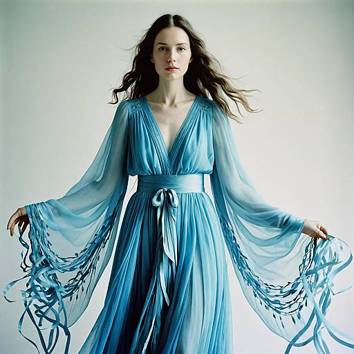 Ethereal Woman in Flowing Blue Gown with Ribbon Sleeves