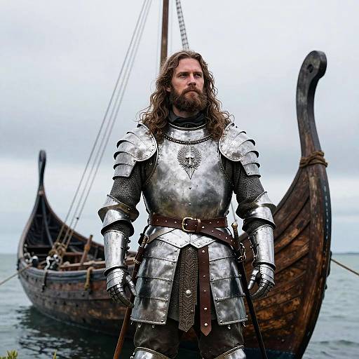 Man in Full Medieval Armor Standing by Viking Ship