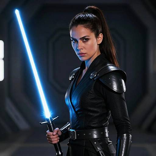 Futuristic Woman with Blue Lightsaber in Sci-Fi Armor