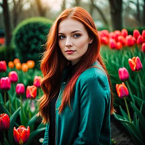 Young Woman in Teal Jacket in Tulip Field