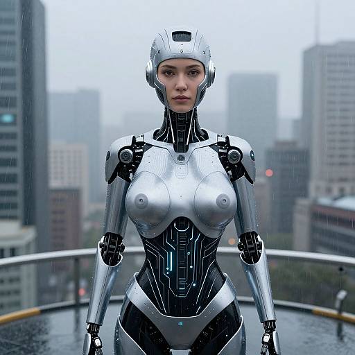 Futuristic Female Humanoid Robot Cyberpunk Cityscape
