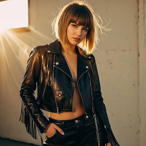 Young Woman in Black Leather Fringe Jacket and Pants with Golden Sunlight