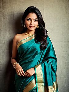 Elegant Woman Wearing Simple Silk Saree in Teal with Gold Border
