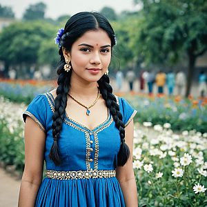 Young Woman in Blue Churidar in Flower Garden