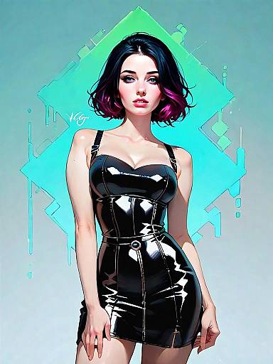 Realistic Digital Illustration of Woman in Black Leather Cold Shoulder Dress