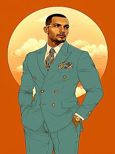 Confident Man in Teal Suit with Vintage Background