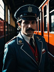 Man in Detailed Thomas Train Conductor Costume Cosplay Portrait