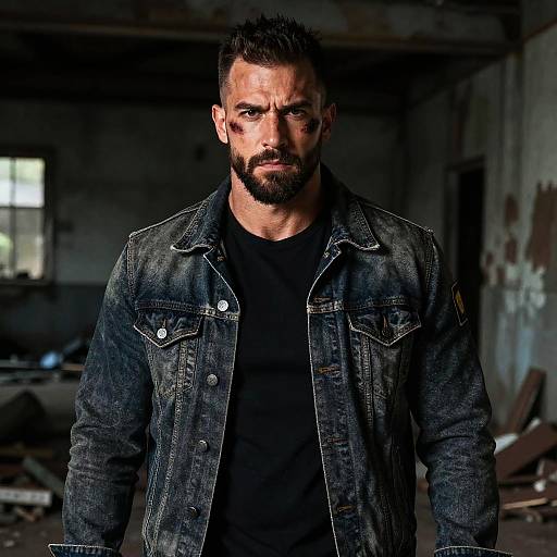 Rugged Man in Distressed Denim Jacket with Facial Bruises in Abandoned Building