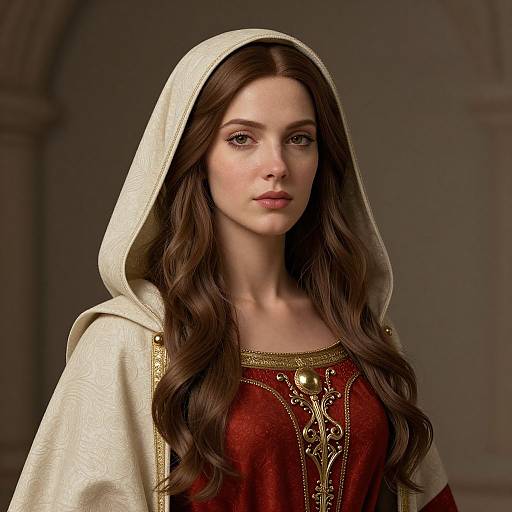 Medieval Woman in Red Gown with Hooded Cloak