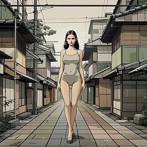 Stylized Woman Walking in Urban Street