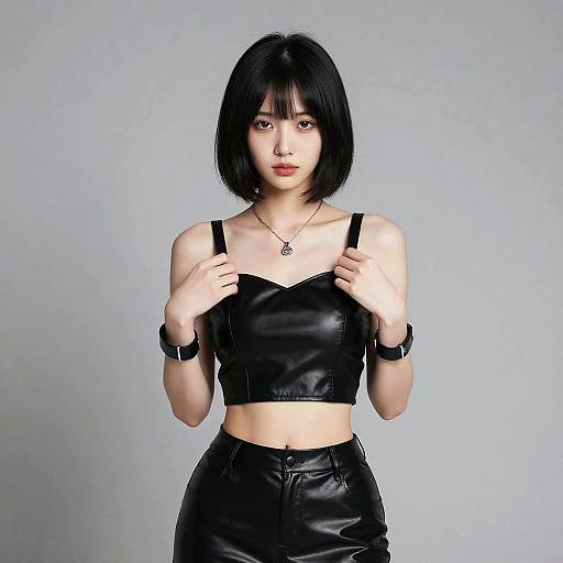 Young Woman in Black Leather Crop Top and Pants Fashion Portrait