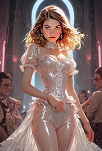 Elegant Woman in Victorian Dress in Ballroom