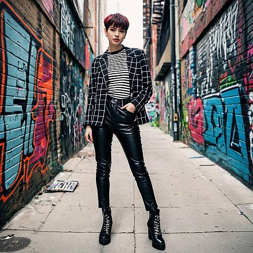 Stylish Woman in Black Leather Pants and Grid Blazer in Graffiti Alley Urban Fashion