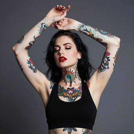 Tattooed Woman with Floral and Sun Tattoos in Black Sports Bra