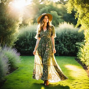 Woman in Olive-Green Dress in Sunlit Garden