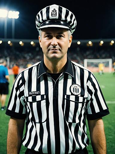 Man in Referee Costume at Nighttime Sports Field Photorealistic Portrait
