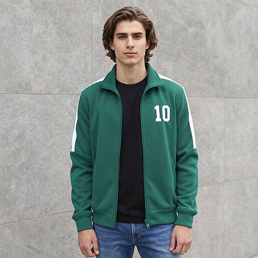 Young Man in Green Sporty Jacket and Casual Streetwear Fashion