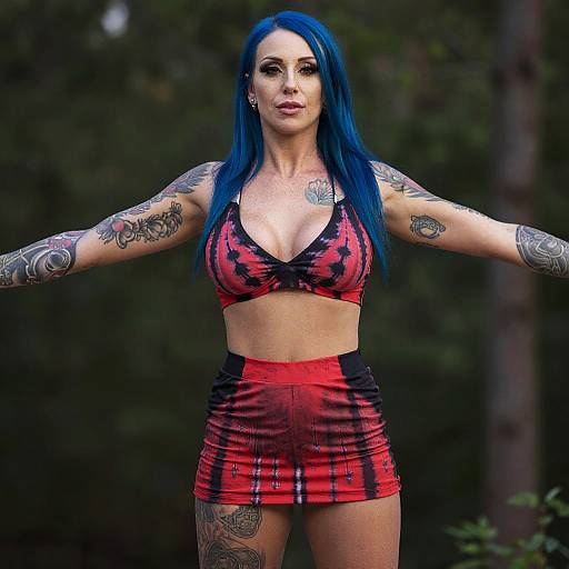 Woman with Blue Hair in Red Tie-Dye Outfit Showing Tattoos Outdoors
