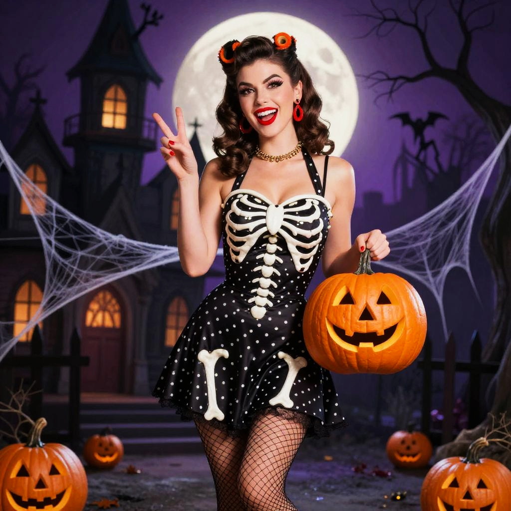 Vintage Skeleton Costume Woman Holding Jack-o-Lantern in Halloween Setting