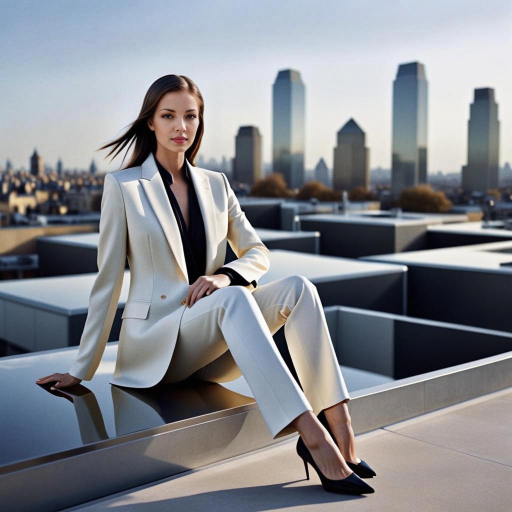 Confident Woman in White Suit on Rooftop with Urban Skyline