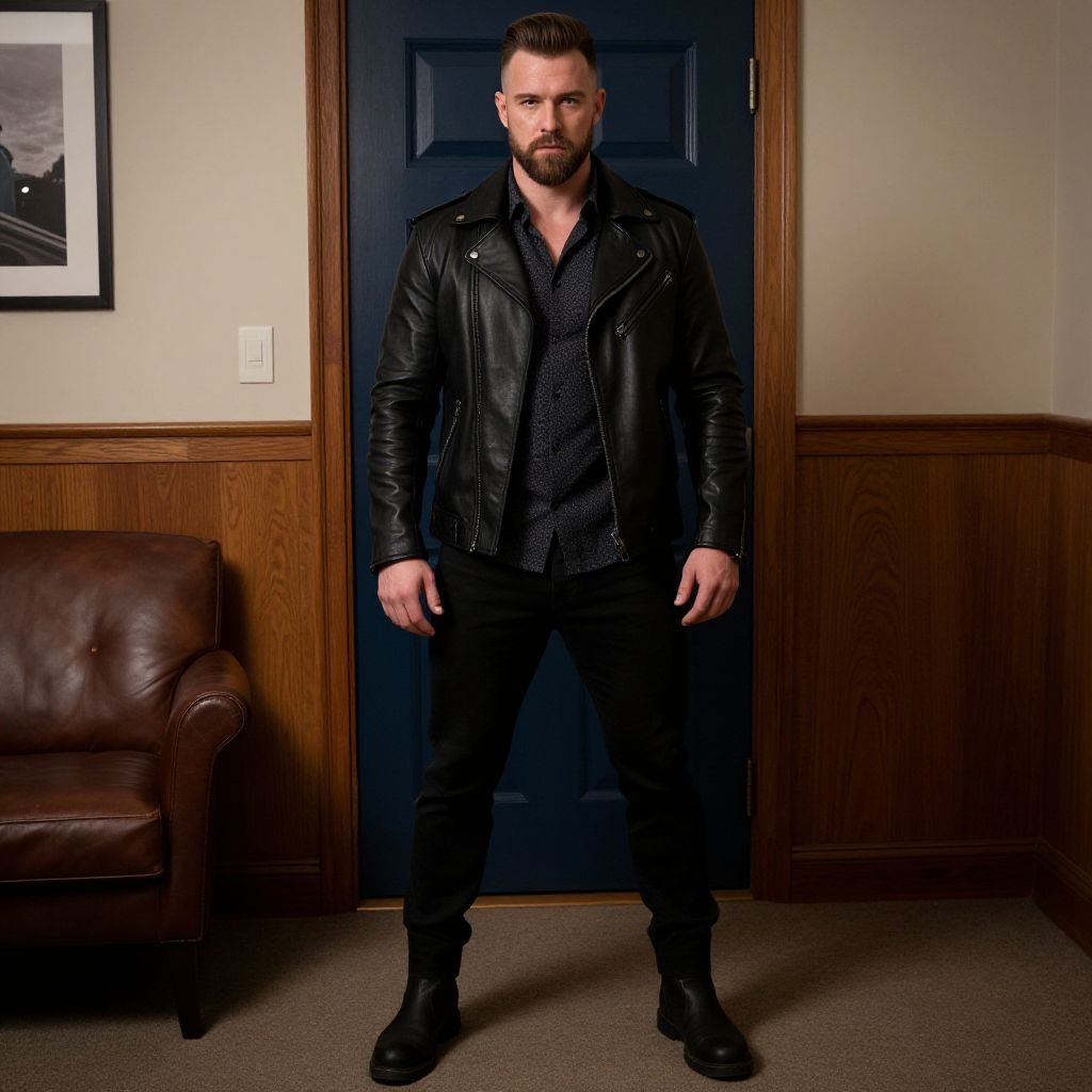 Stylish Man Wearing Black Leather Jacket Standing Indoors