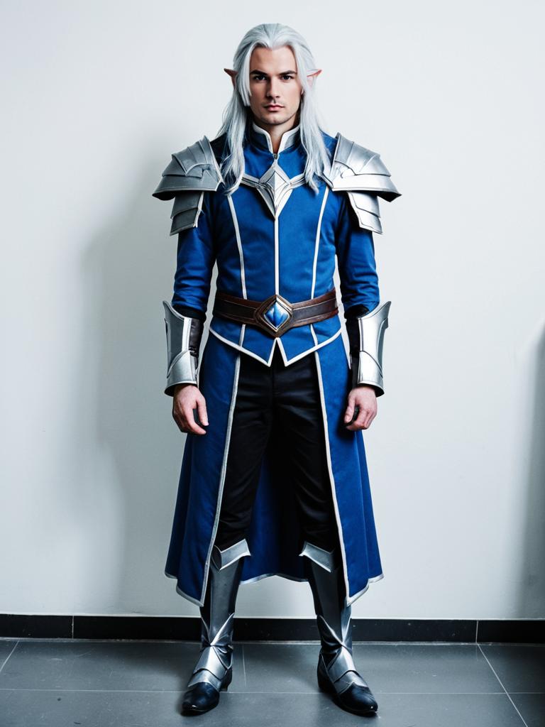 Fantasy Elf Warrior Man in Blue and Silver Armor Costume