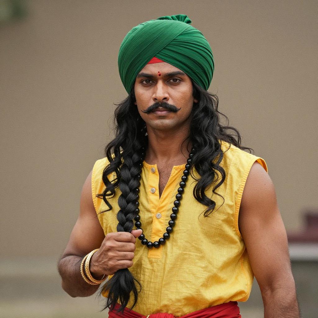 Traditional Indian Man in Green Turban and Yellow Kurta with Long Braided Hair