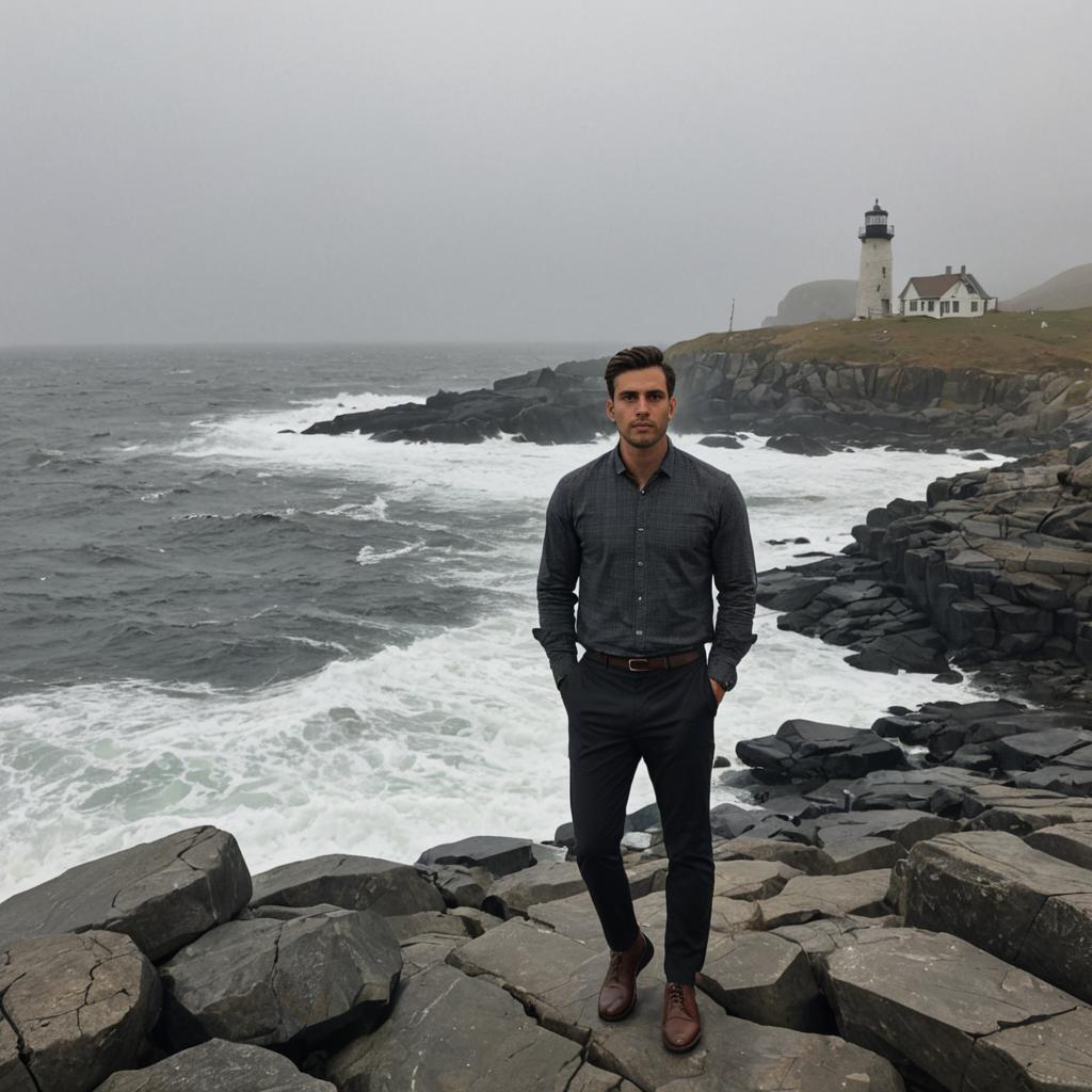 Confident Man on Rocky Terrain with Lighthouse