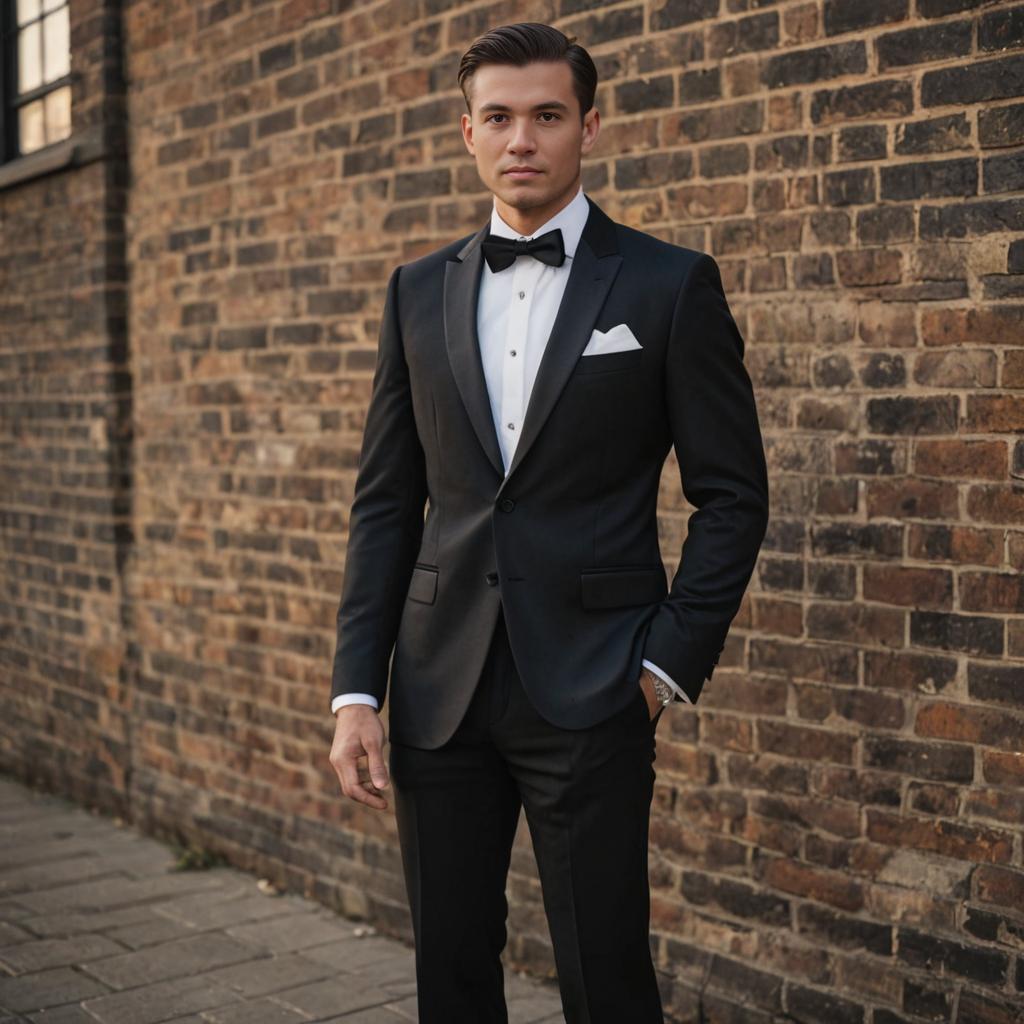 Confident Man in Stylish Suit Against Brick Wall