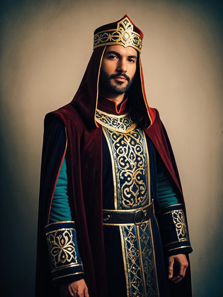 Man Cosplay Wearing Melchior Mayvin Costume Realistic Photo