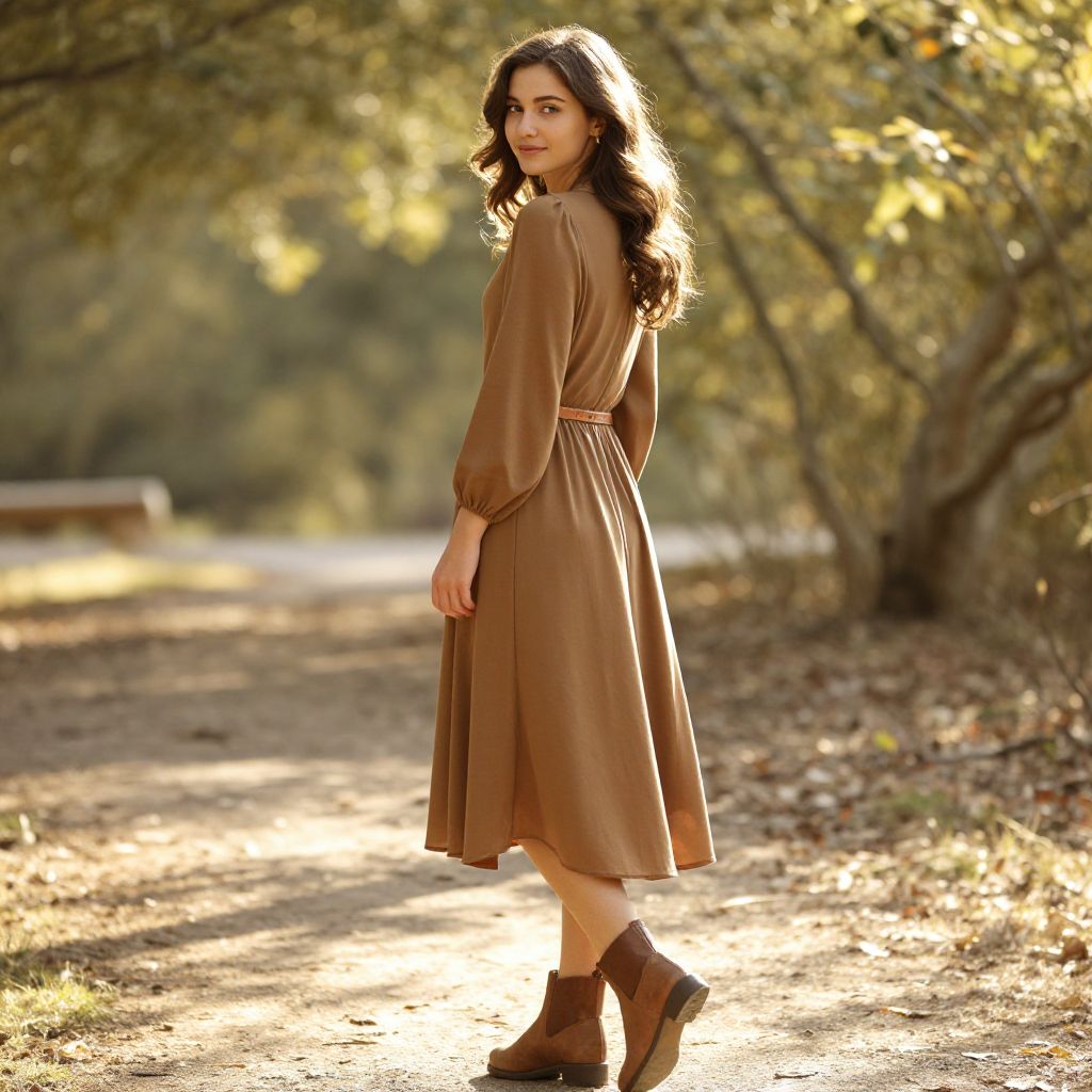 Woman in Brown Dress Walking on Forest Path in Autumn