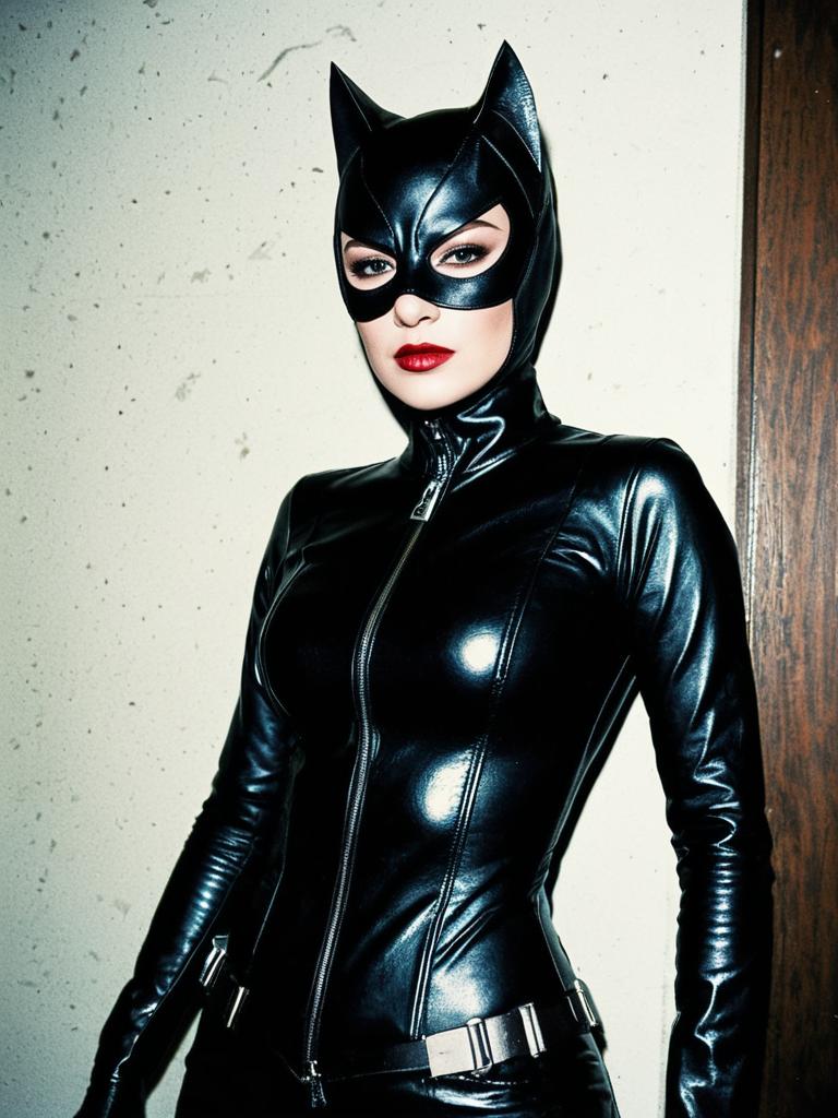Woman in Black Leather Catwoman Costume with Mask and Red Lipstick