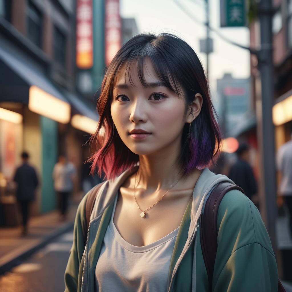 Young Woman with Purple Highlights on Urban Street at Twilight Young Woman with Purple Highlights on Urban Street at Twilight