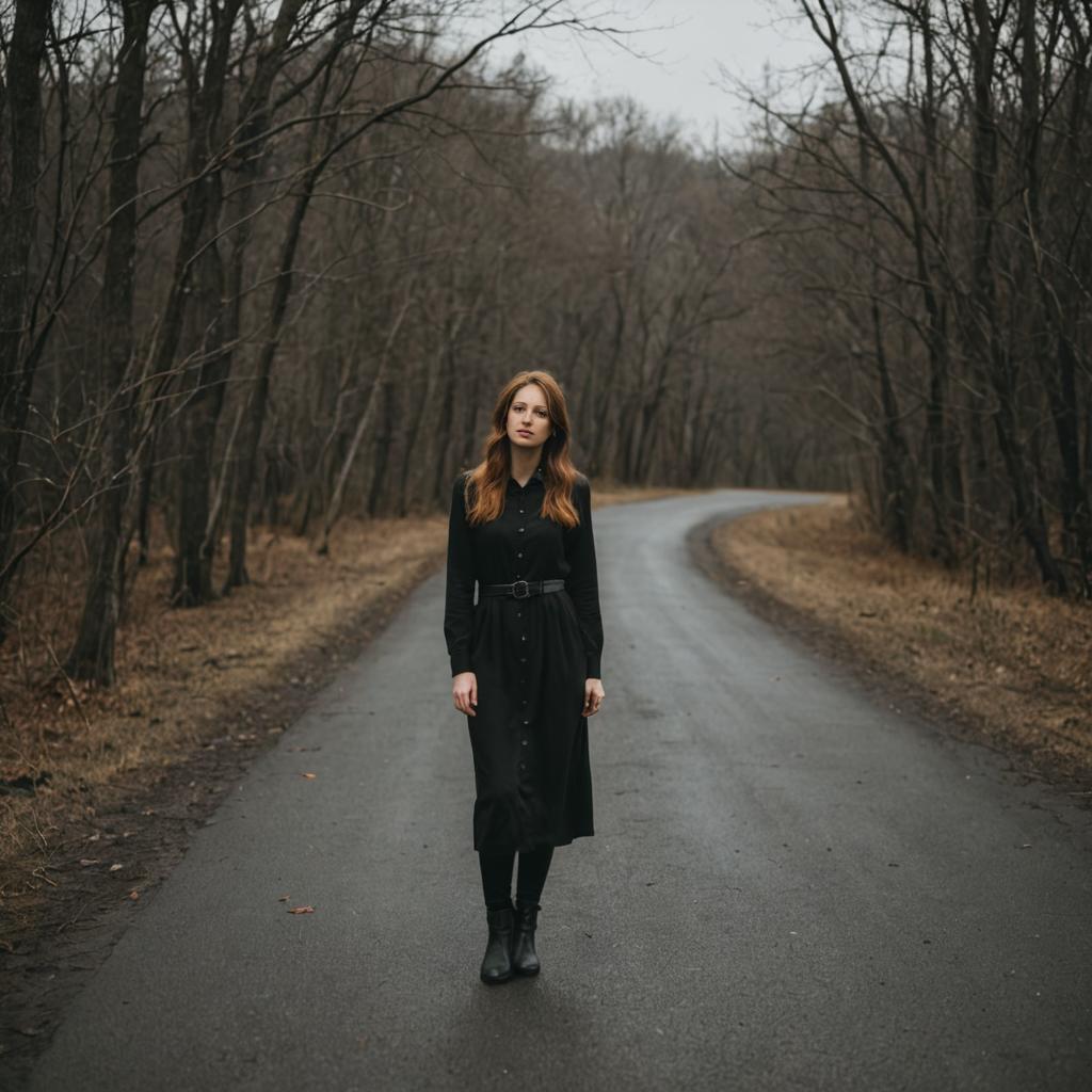 Contemplative Woman on Winding Forest Road in Autumn