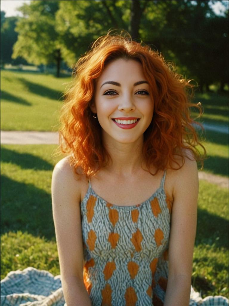 Smiling woman with curly red hair in a sunny park