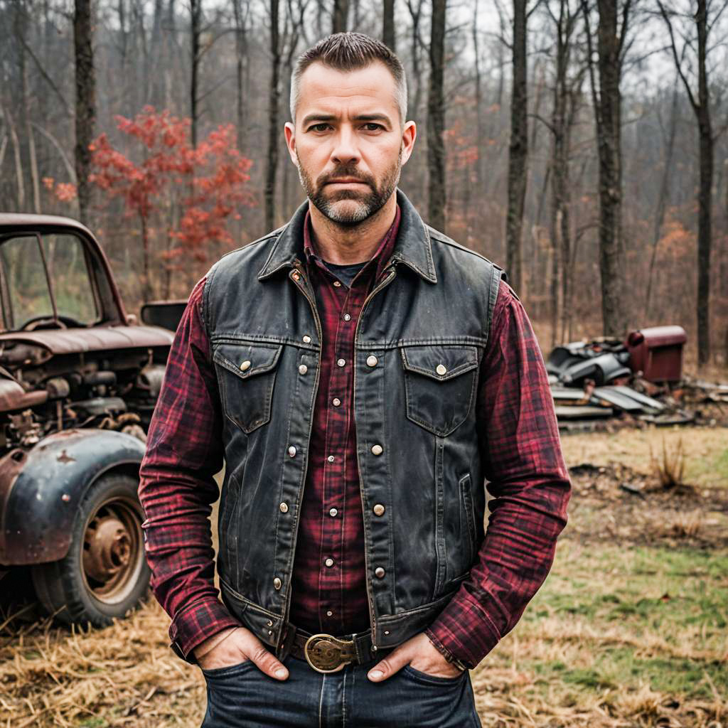 Rugged Man in Leather Vest Standing Near Old Rusty Truck in Forest