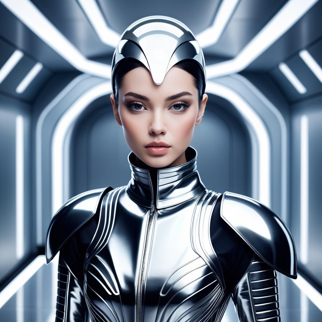 Futuristic Woman in Silver Armor in High-Tech Corridor